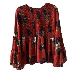mmmmmm Womens Size Small Red Multicolor Floral Print Smocked Bell Sleeve Blouse